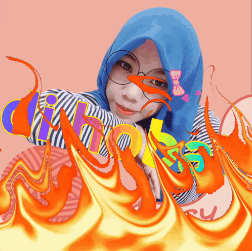 a woman wearing a blue hijab and glasses is surrounded by flames and the word ' chris '