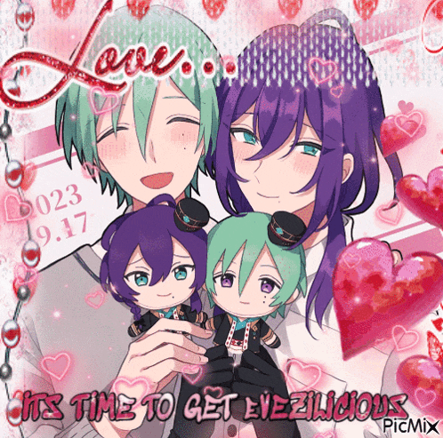 a couple of anime characters holding stuffed animals with the words love its time to get evezlicious
