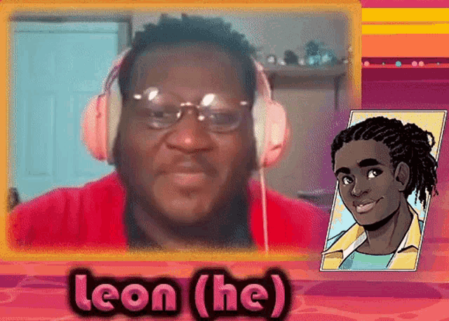 a picture of a man with headphones and the name leon ( he ) on the bottom