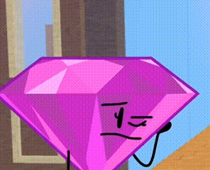 a pink diamond with a face and hands is standing in front of a window .