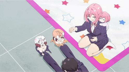 a group of anime characters are laying on the floor with a pink border