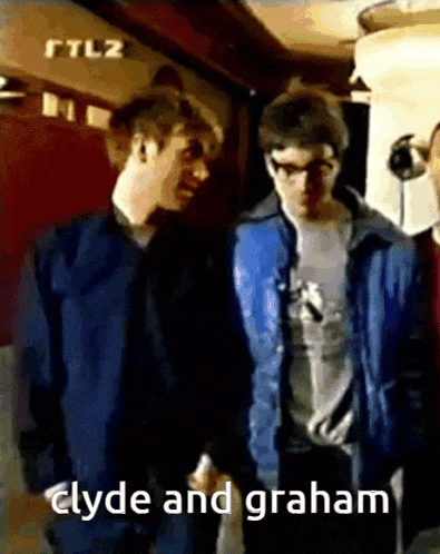 two men standing next to each other with the words clyde and graham on the bottom right