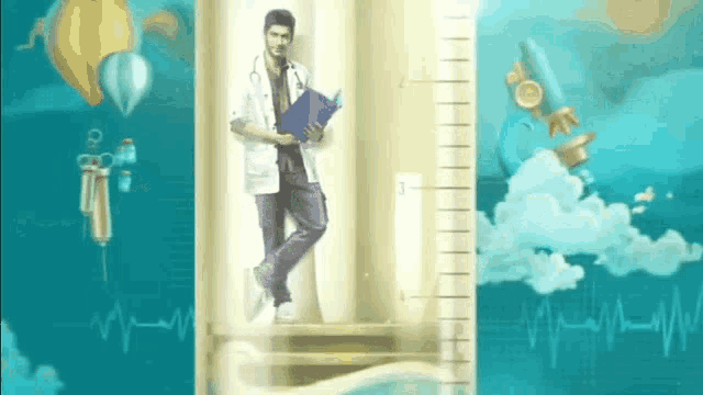 a man in a lab coat is standing in front of a measuring device
