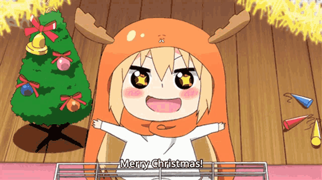 a cartoon character with antlers says merry christmas in front of a christmas tree