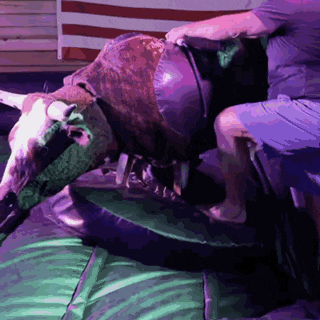 a man is riding a bull on a green mat in front of an american flag