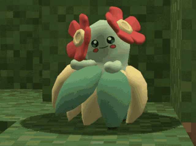 a cartoon character with red and yellow flowers on it 's head