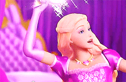 a barbie doll is wearing a purple dress and gloves and holding a light .