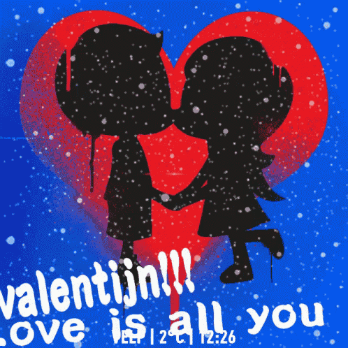a valentine 's day greeting card with a boy and girl kissing in front of a red heart