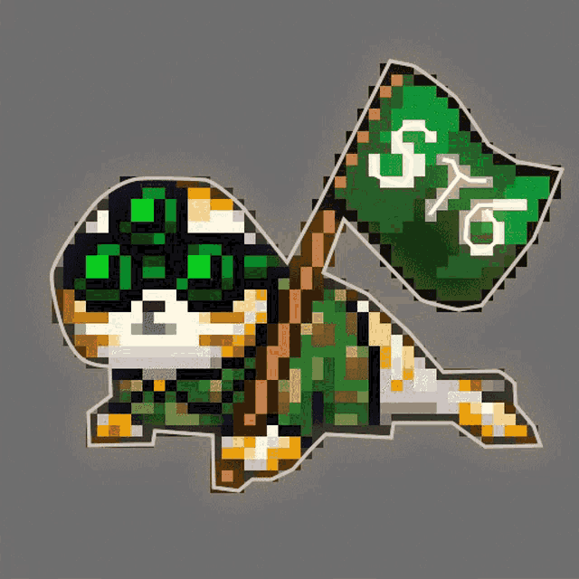 a pixel art drawing of a cat holding a green flag with the letters sx on it