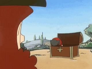 a cartoon of a man looking at a treasure chest with a cat in it