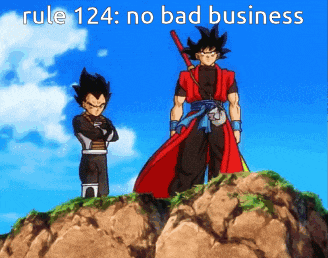 two anime characters standing on top of a hill with the words rule 124 : no bad business above them