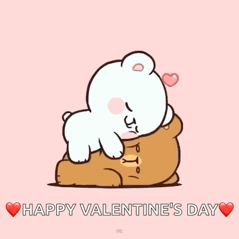 a happy valentine 's day greeting card with a cartoon bear hugging another bear .