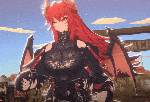 a cartoon character with red hair and wings is standing in front of a sign that says ranch