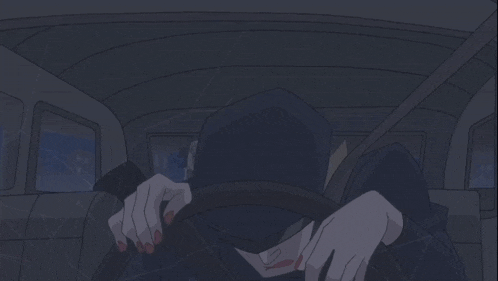 a cartoon character is holding a gun in front of a black car