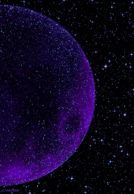 a purple planet is surrounded by blue stars in a dark space