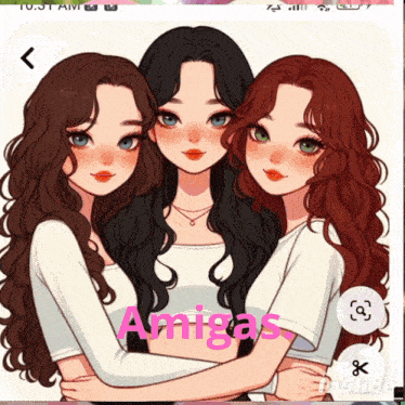 a picture of three girls with the words amigas on the bottom right