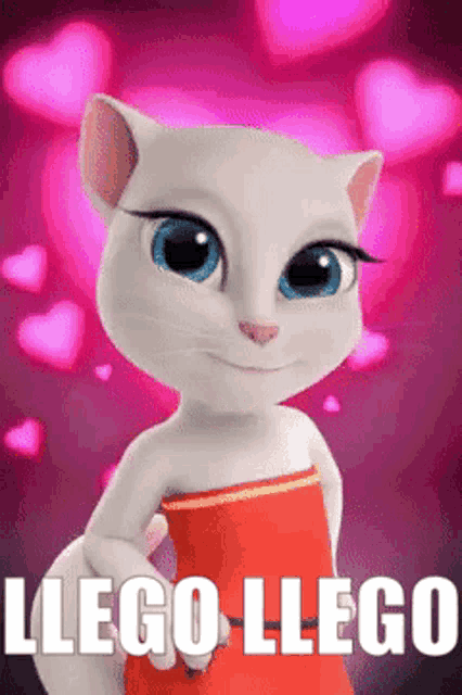 a cartoon cat with blue eyes is wearing a red dress and says " llego llego " on the bottom