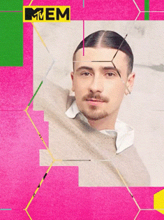a man with a beard is on a pink and green background with a mtv logo
