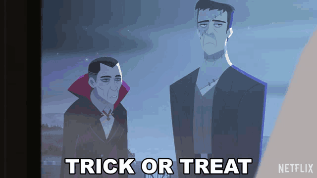a cartoon of a vampire and frankenstein says trick or treat on the bottom