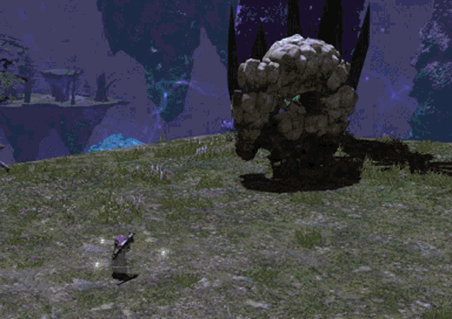 a person in a video game is standing in front of a large rock with a blue light coming out of it