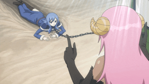 a girl with horns is chained to a black object
