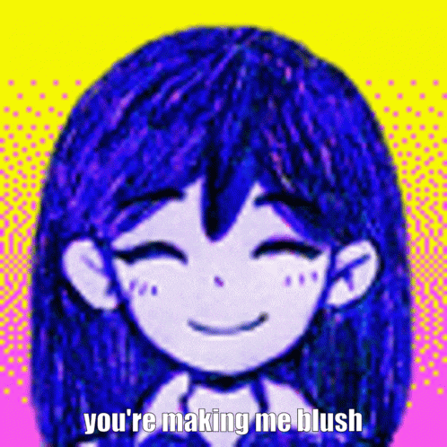 a cartoon girl with blue hair is smiling and saying you 're making me blush