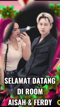 a picture of a man and a woman with the words selamat datang di room aisah & ferdy
