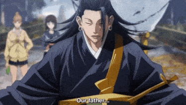 a man in a kimono says " our father " in front of a group of girls