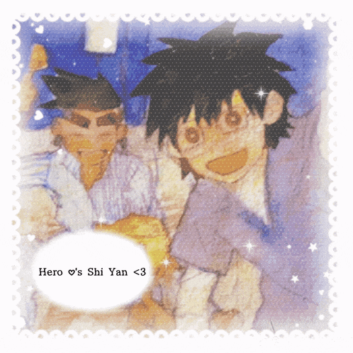a drawing of a boy with the words hero 's shi yan < 3