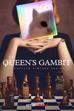 a poster for the queen 's gambit shows a woman holding a book in front of a chess board