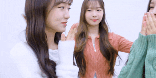 three young women are standing next to each other and covering their faces .