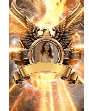 a picture of a woman in a frame with an eagle and a ribbon