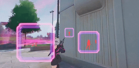 a girl is standing in front of a building with a sword in her hand surrounded by pink boxes .