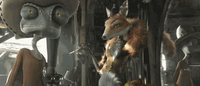 a lizard and a fox are standing next to each other in a room