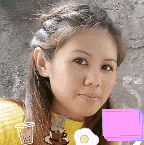 a woman with a cup of coffee a cup of bubble tea and a fried egg