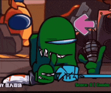 a green among us character is playing a video game with a score of 0
