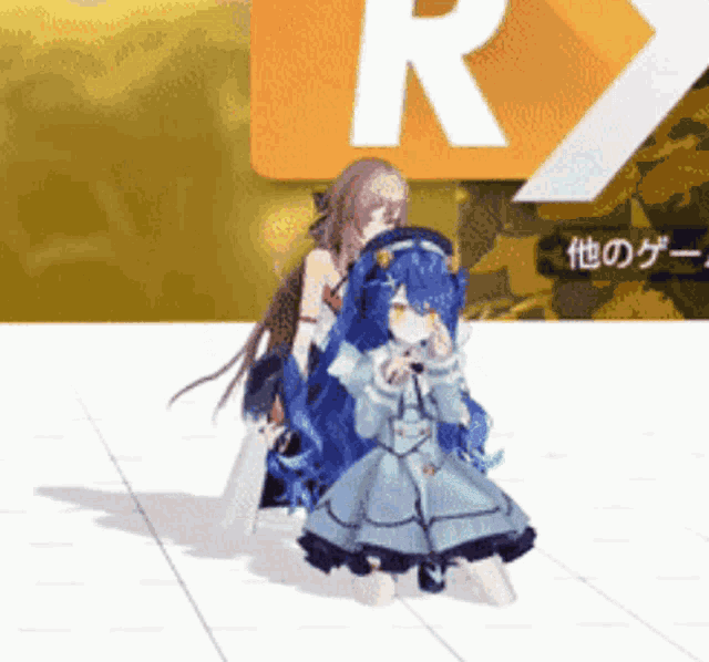 a girl in a blue dress is standing next to another girl