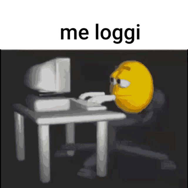 a cartoon smiley face is sitting at a desk looking at a computer screen .
