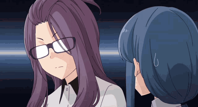 a girl with long purple hair and glasses looks at another girl with blue hair