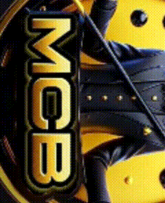 a close up of a yellow and black mcb logo