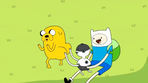 a group of cartoon characters including finn and jake are standing in a field