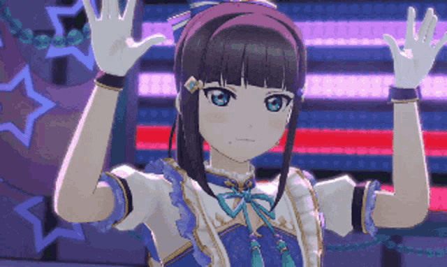 a girl in a blue and white dress is waving her arms