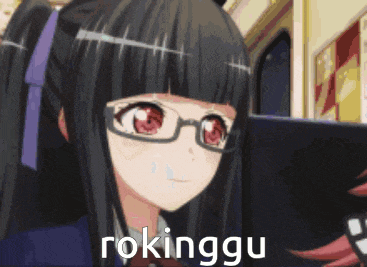 a girl with glasses is looking at a tablet and the word rokinggu is on the bottom right