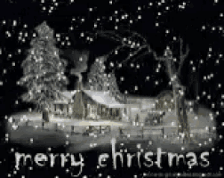 a merry christmas card with a house , trees , and snow falling
