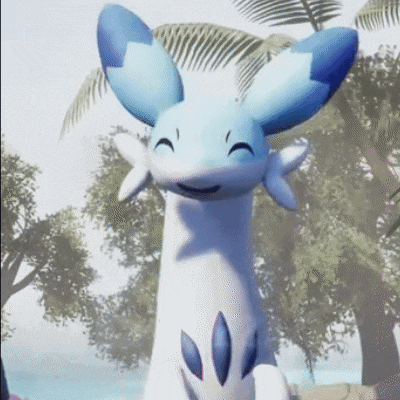 a cartoon character with blue ears and a white body is smiling in front of palm trees .