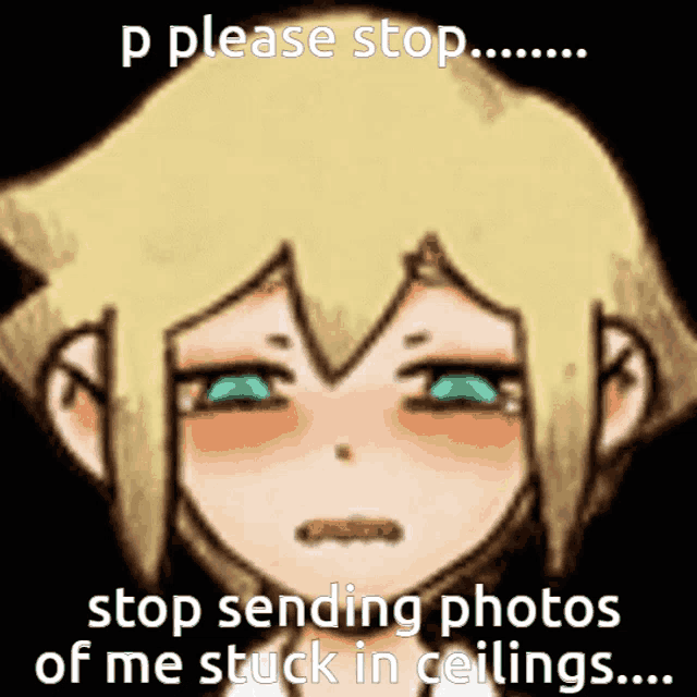 a drawing of a girl with the words " please stop stop sending photos of me stuck in ceilings " on top