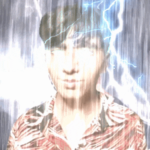 a man in a striped shirt stands in the rain with lightning behind him
