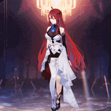 a girl with long red hair and a white dress