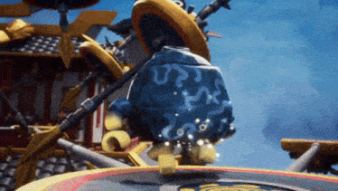 a cartoon character is standing on a platform with a shield on his head