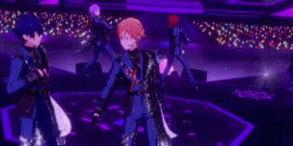 a man in a blue suit is dancing on a stage in front of a purple background .